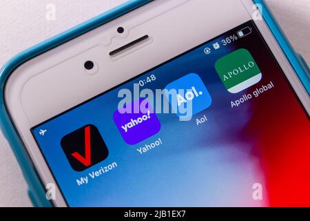 Kumamoto, JAPAN - May 4 2021 : Verizon, Yahoo, Aol & Apollo Global Management on iPhone. Verizon announced that to sells Yahoo & AOL to Apollo in 2021 Stock Photo