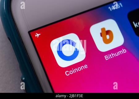Closeup Coinone icon on iPhone. It is a Fin-Tech company based in Seoul, South Korea providing financial services based in blockchain technologies Stock Photo