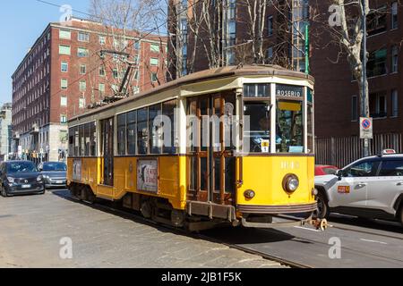 Milan, Italy - March 23, 2022: Old tram Ventotto type Milano public transport transit transportation traffic in Milan, Italy.