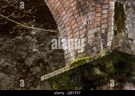 Kyoto, JAPAN - Apr 3 2021 : Closeup Suirokaku, famous aqueduct built in 1890 at Nanzenji Temple complex, in cloudy day. The aqueduct is old and mossy. Stock Photo