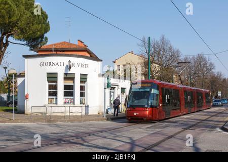 Venice, Italy - March 20, 2022: Rubber-tyred tram type Translohr public transport in Mestre in Venice, Italy. Stock Photo