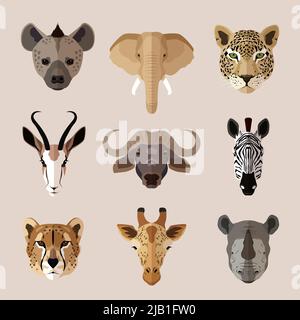 African southern animal portrait flat icons set with hyena elephant jaguar isolated vector illustration Stock Vector