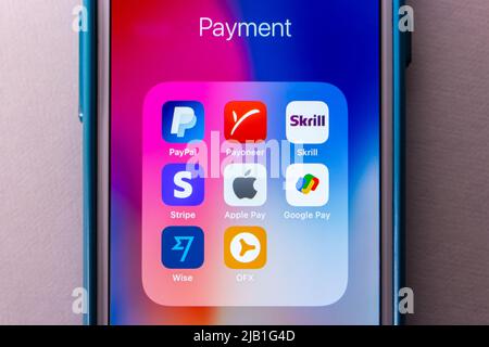 Kumamoto, JAPAN - May 1 2021 : Popular Online Payment icons (PayPal, Payoneer, Skrill, Stripe app, Apple Pay, Google Pay, Wise app & OFX) on iPhone Stock Photo