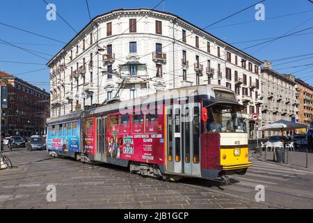Milan, Italy - March 23, 2022: Tram Milano public transport transit transportation traffic at Stazione Genova station in Milan, Italy.