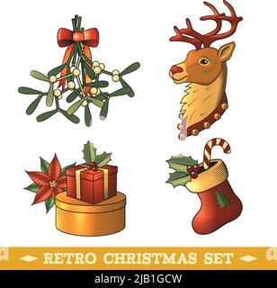 Big christmas colored icons set with deer sock gift boxes isolated vector illustration Stock Vector