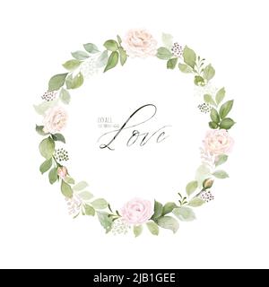 Watercolor wreath frame design with pink roses and leaves. Floral vector arrangements isolated on white background, suitable for wedding invitations, Stock Vector