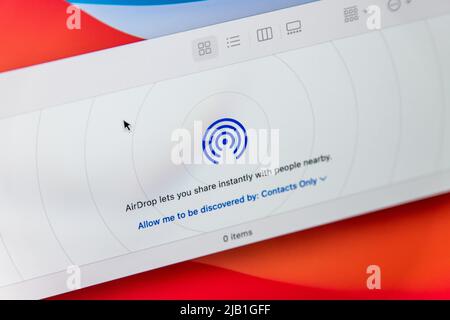 Kumamoto, JAPAN - May 13 2021 : AirDrop icon displays on Finder on macOS. It is ad hoc service which can transfer files among supported Apple devices Stock Photo