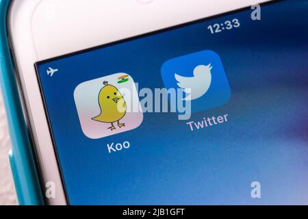 Kumamoto, JAPAN - May 13 2021 : Koo app, an Indian microblogging SNS based in Bengaluru, Karnataka, India, with Twitter app on iPhone Stock Photo