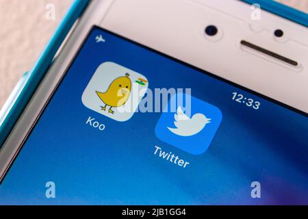 Kumamoto, JAPAN - May 13 2021 : Koo app, an Indian microblogging SNS based in Bengaluru, Karnataka, India, with Twitter app on iPhone Stock Photo