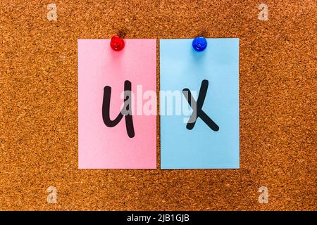 2 letters keyword UX (User Experience) by handwriting on stickers attached to board. UX is how user interacts & experiences product, system or service Stock Photo