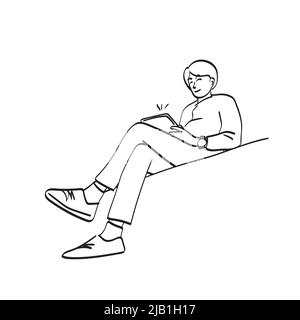 line art businessman using tablet illustration vector hand drawn isolated on white background Stock Vector