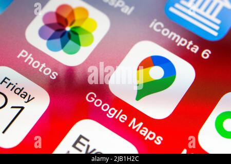 Kumamoto, Japan - Feb 20 2020 : Google Maps app on iPhone screen. Google Maps is a web mapping platform and consumer application developed by Google Stock Photo