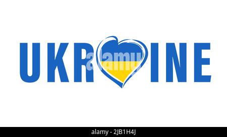 Ukraine text logo with heart flag emblem on white. Symbol of Ukrainian flag and lettering for poster, banner or t-shirt design. Vector illustration Stock Vector