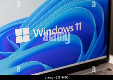 Kumamoto, JAPAN - Jun 25 2021 : Logo of Windows 11 (major release of NT operating system by Microsoft) displays in the official website on laptop Stock Photo