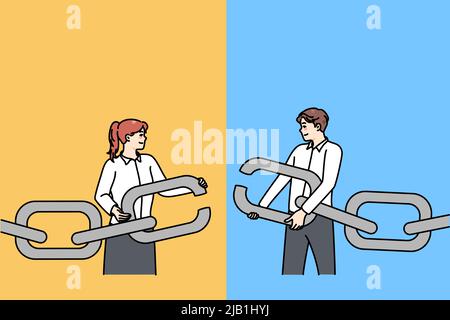 Businesspeople hold chain with missing link find solution together. Man and woman employee solve business problem together. Teamwork and cooperation concept. Vector illustration.  Stock Vector