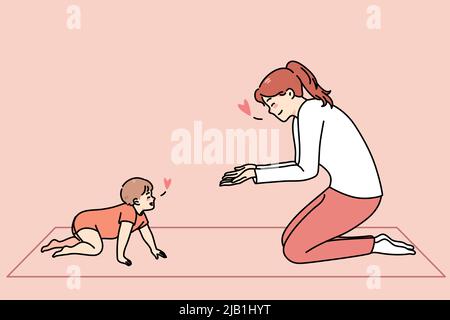 Loving happy young mother play with little toddler crawling at home. Smiling caring mom have fun teach baby infant walking make first steps. Motherhood. Vector illustration.  Stock Vector