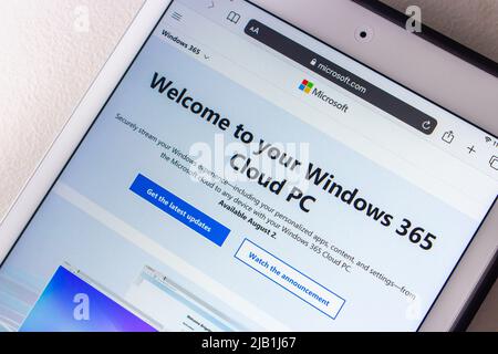 Kumamoto, JAPAN - Jul 19 2021 : The website of Windows 365, a service by Microsoft that allows users to access Cloud PCs from own computer, on tablet Stock Photo
