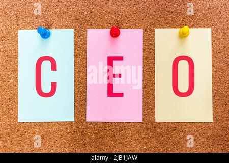 3 letters abbreviation CEO(Chief Executive Officer), corporate executives in charge of managing an organization, on stickers attached to a cork board. Stock Photo