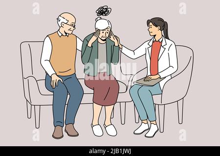 Female doctor helping elderly woman suffering from memory loss. Therapist talk with mature grandmother struggling with Alzheimer disease or dementia. Vector illustration.  Stock Vector