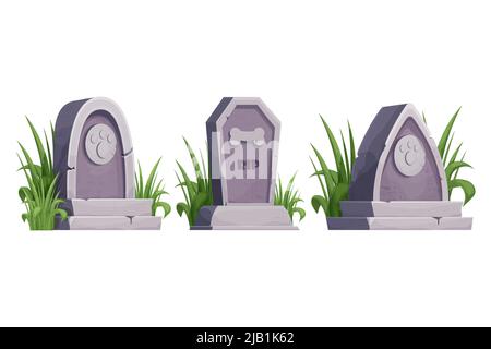 Set Pet gravestone, animal funeral with foot print decorated with grass collection in cartoon style isolated on white background. . Vector illustration Stock Vector