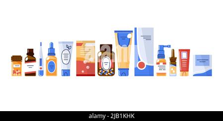 Medicines in package,spray and bottle with dropper.Vector flat illustration Stock Vector
