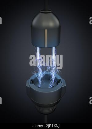 Lightnings between electric plug and power socket. Electrical energy concept. 3D illustration. Stock Photo