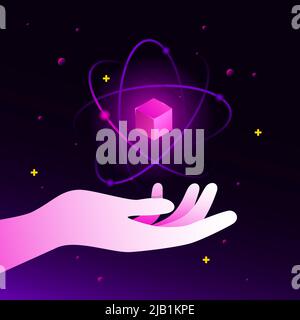 Isometric Cube in Atom in Hand. AI Gradient Illustration. Vector illustration Stock Vector