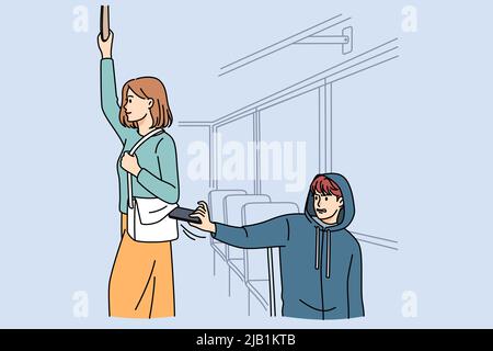 Male pickpocket stealing wallet from female passenger in bus or metro. Man thief take phone or money from woman bag in tram. Burglary and theft concept. Vector illustration.  Stock Vector