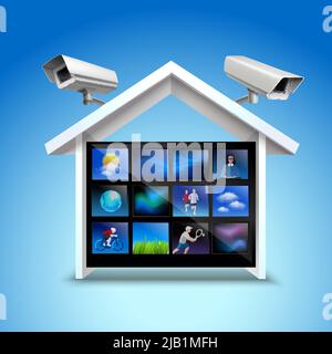 Video security concept with house and surveillance cameras 3d realistic vector illustration Stock Vector