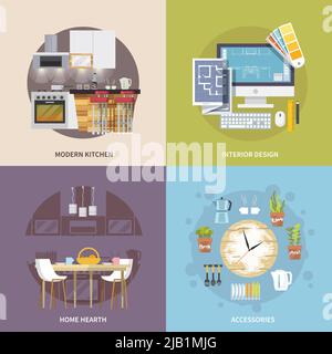 Kitchen furniture design concept set with modern interior accessories flat icons isolated vector illustration Stock Vector