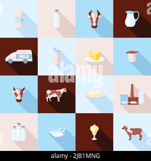 Milk dairy product flat long shadow icons set with processing splash sour cream isolated vector illustration Stock Vector