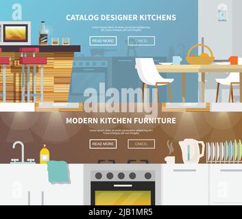 Kitchen furniture horizontal banner set with flat design elements isolated vector illustration Stock Vector