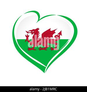 Love Wales flag emblem. Welsh national holiday banner with heart in flag colors. Vector illustration Stock Vector