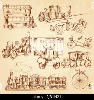 Vintage transport steampunk vehicles sketch decorative icons set isolated vector illustration Stock Vector