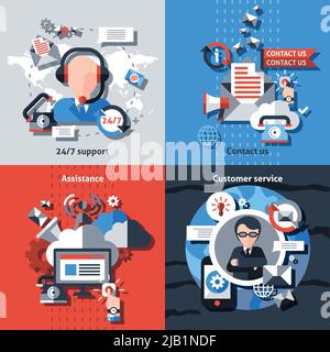 Contact us flat set with 24h support assistance customer service isolated vector illustration Stock Vector