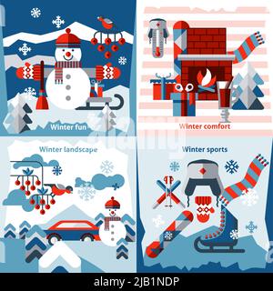 Winter flat icons set with sports comfort fun landscape isolated vector illustration Stock Vector