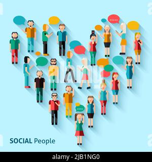 People male and female pixel avatar group with speech bubbles in heart shape vector illustration Stock Vector