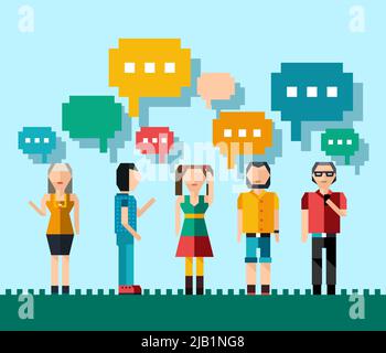Social network media chat concept with pixel people avatars and speech bubbles vector illustration Stock Vector