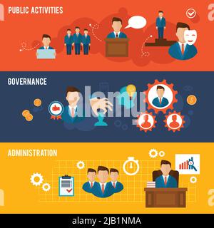 Executive banners icons set with public activities governance administration isolated vector illustration Stock Vector