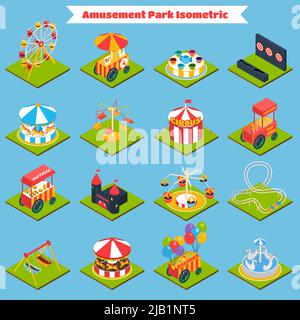 Amusement park isometric icons set with 3d ferris-wheel ice cream and balloons isolated vector illustration Stock Vector