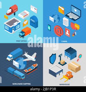 Mail design concept set with post office e-mail worldwide delivery and warehouse isometric icons isolated vector illustration Stock Vector