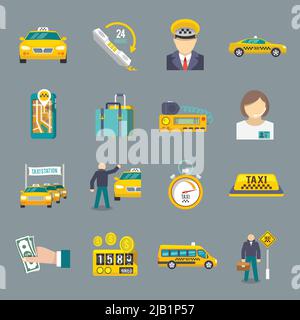 Taxi driver transportation service icons flat set isolated vector illustration. Stock Vector