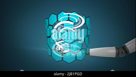 Image of circles and dna strand spinning over robot's arm Stock Photo