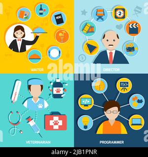 People professions flat icons set with waiter director veterinarian programmer isolated vector illustration Stock Vector
