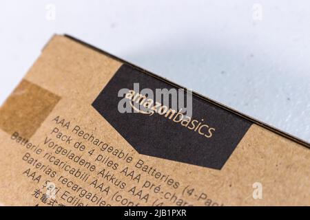 Kumamoto, Japan - Aug 26 2021 : AmazonBasics logo printed on cardboard box. It is private-label offers home goods, office supplies, & tech accessories Stock Photo