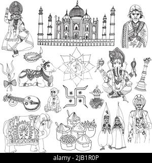 India travel traditional culture decorative sketch icons set with elephant lotus buddha isolated vector illustration Stock Vector