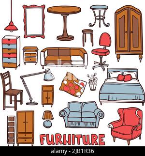 Home furniture decorative icons set with sketch sofa armchair table isolated vector illustration Stock Vector