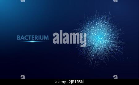 Bacterium. Vector abstract microscopic medical illustration of blue bacteria types, virus or spore close up on dark background. Concept for science, t Stock Vector
