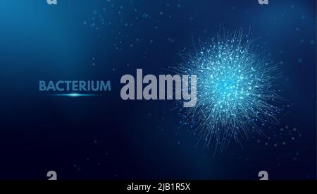 Bacterium. Vector abstract microscopic medical illustration of blue bacteria types, virus or spore close up on dark background. Concept for science, t Stock Vector