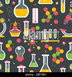 Chemistry colored seamless pattern with scientific research glassware equipment vector illustration Stock Vector